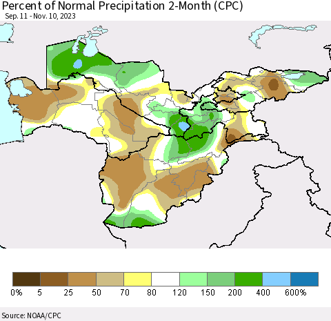 Central Asia Percent of Normal Precipitation 2-Month (CPC) Thematic Map For 9/11/2023 - 11/10/2023