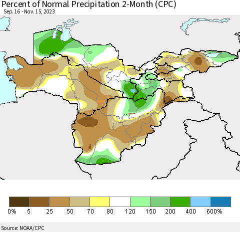 Central Asia Percent of Normal Precipitation 2-Month (CPC) Thematic Map For 9/16/2023 - 11/15/2023