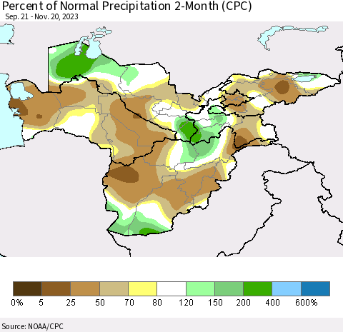 Central Asia Percent of Normal Precipitation 2-Month (CPC) Thematic Map For 9/21/2023 - 11/20/2023