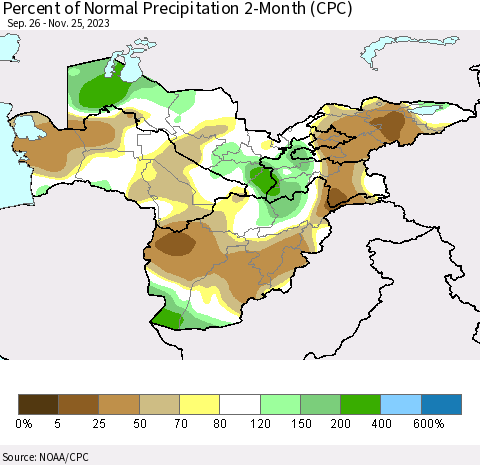 Central Asia Percent of Normal Precipitation 2-Month (CPC) Thematic Map For 9/26/2023 - 11/25/2023