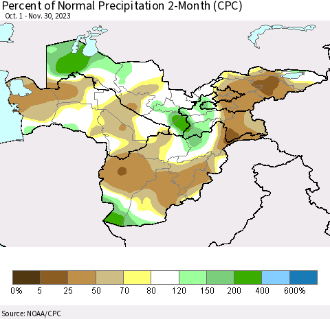 Central Asia Percent of Normal Precipitation 2-Month (CPC) Thematic Map For 10/1/2023 - 11/30/2023