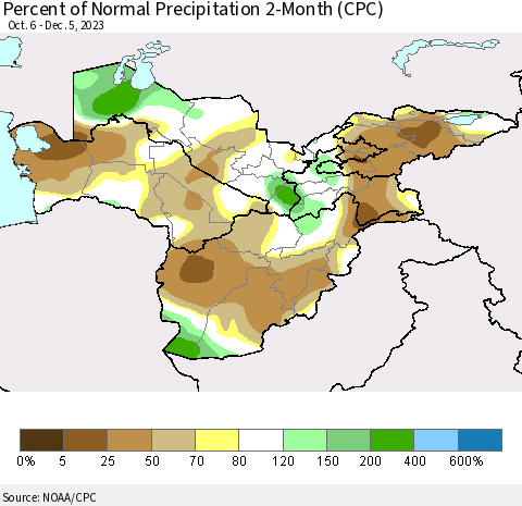 Central Asia Percent of Normal Precipitation 2-Month (CPC) Thematic Map For 10/6/2023 - 12/5/2023