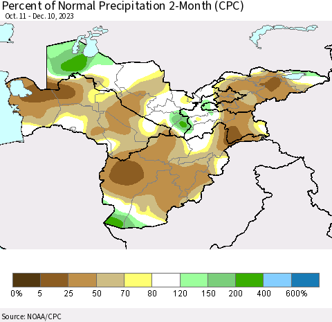 Central Asia Percent of Normal Precipitation 2-Month (CPC) Thematic Map For 10/11/2023 - 12/10/2023
