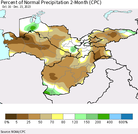 Central Asia Percent of Normal Precipitation 2-Month (CPC) Thematic Map For 10/16/2023 - 12/15/2023