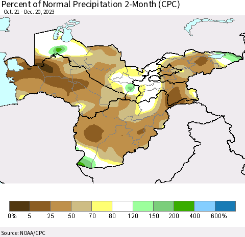 Central Asia Percent of Normal Precipitation 2-Month (CPC) Thematic Map For 10/21/2023 - 12/20/2023