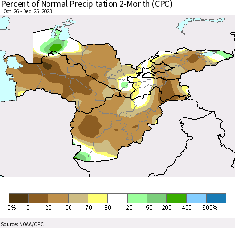 Central Asia Percent of Normal Precipitation 2-Month (CPC) Thematic Map For 10/26/2023 - 12/25/2023