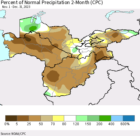 Central Asia Percent of Normal Precipitation 2-Month (CPC) Thematic Map For 11/1/2023 - 12/31/2023