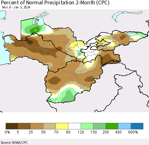 Central Asia Percent of Normal Precipitation 2-Month (CPC) Thematic Map For 11/6/2023 - 1/5/2024