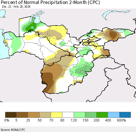 Central Asia Percent of Normal Precipitation 2-Month (CPC) Thematic Map For 12/21/2023 - 2/20/2024
