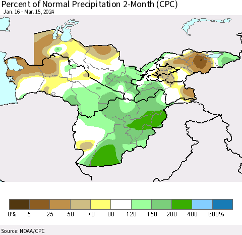 Central Asia Percent of Normal Precipitation 2-Month (CPC) Thematic Map For 1/16/2024 - 3/15/2024