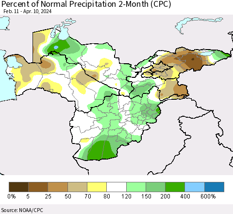 Central Asia Percent of Normal Precipitation 2-Month (CPC) Thematic Map For 2/11/2024 - 4/10/2024