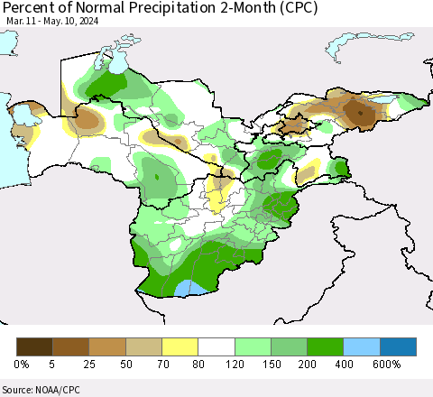 Central Asia Percent of Normal Precipitation 2-Month (CPC) Thematic Map For 3/11/2024 - 5/10/2024