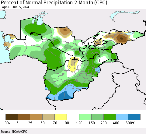Central Asia Percent of Normal Precipitation 2-Month (CPC) Thematic Map For 4/6/2024 - 6/5/2024