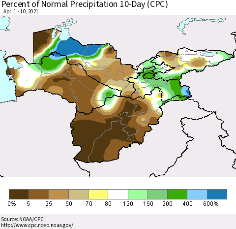 Central Asia Percent of Normal Precipitation 10-Day (CPC) Thematic Map For 4/1/2021 - 4/10/2021