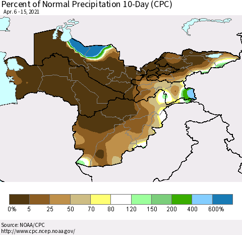 Central Asia Percent of Normal Precipitation 10-Day (CPC) Thematic Map For 4/6/2021 - 4/15/2021