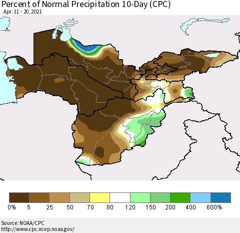 Central Asia Percent of Normal Precipitation 10-Day (CPC) Thematic Map For 4/11/2021 - 4/20/2021