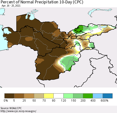 Central Asia Percent of Normal Precipitation 10-Day (CPC) Thematic Map For 4/16/2021 - 4/25/2021