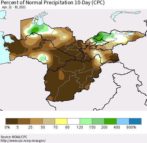 Central Asia Percent of Normal Precipitation 10-Day (CPC) Thematic Map For 4/21/2021 - 4/30/2021