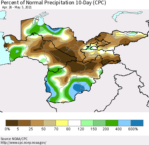 Central Asia Percent of Normal Precipitation 10-Day (CPC) Thematic Map For 4/26/2021 - 5/5/2021