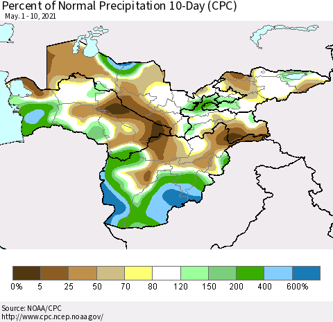 Central Asia Percent of Normal Precipitation 10-Day (CPC) Thematic Map For 5/1/2021 - 5/10/2021