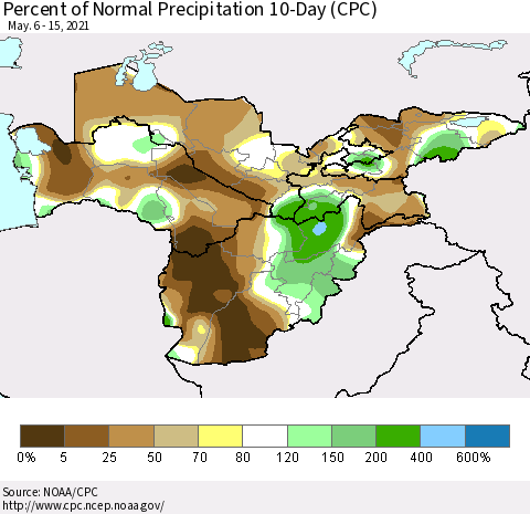 Central Asia Percent of Normal Precipitation 10-Day (CPC) Thematic Map For 5/6/2021 - 5/15/2021