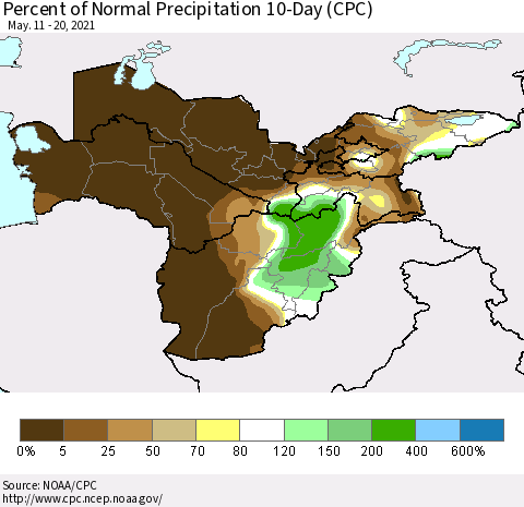 Central Asia Percent of Normal Precipitation 10-Day (CPC) Thematic Map For 5/11/2021 - 5/20/2021