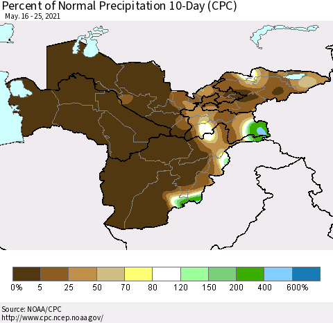 Central Asia Percent of Normal Precipitation 10-Day (CPC) Thematic Map For 5/16/2021 - 5/25/2021