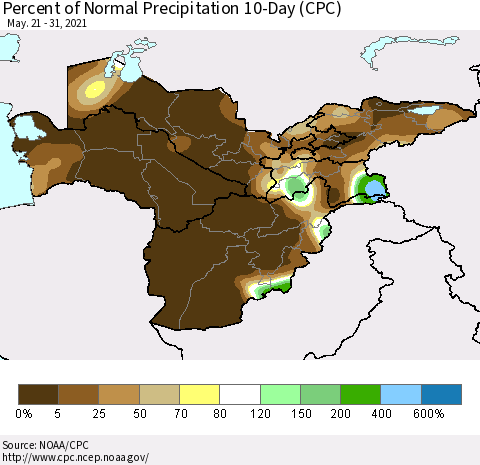 Central Asia Percent of Normal Precipitation 10-Day (CPC) Thematic Map For 5/21/2021 - 5/31/2021