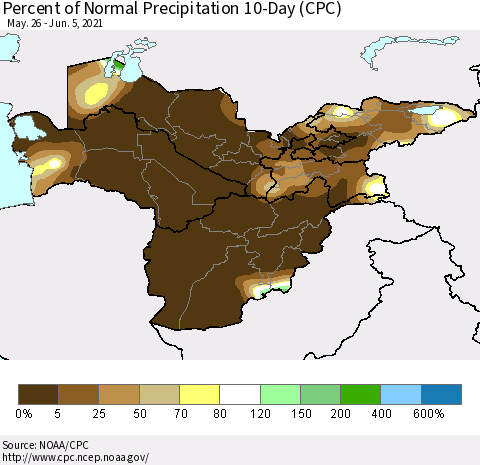 Central Asia Percent of Normal Precipitation 10-Day (CPC) Thematic Map For 5/26/2021 - 6/5/2021