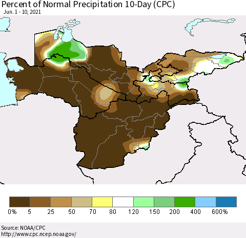 Central Asia Percent of Normal Precipitation 10-Day (CPC) Thematic Map For 6/1/2021 - 6/10/2021
