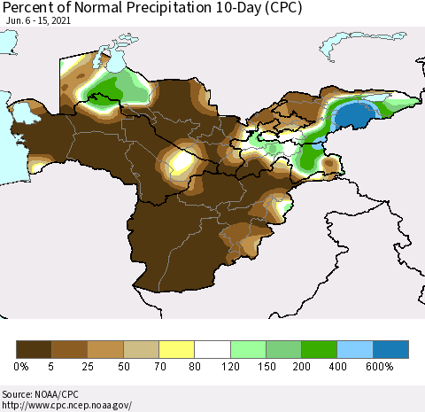 Central Asia Percent of Normal Precipitation 10-Day (CPC) Thematic Map For 6/6/2021 - 6/15/2021