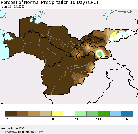 Central Asia Percent of Normal Precipitation 10-Day (CPC) Thematic Map For 6/16/2021 - 6/25/2021