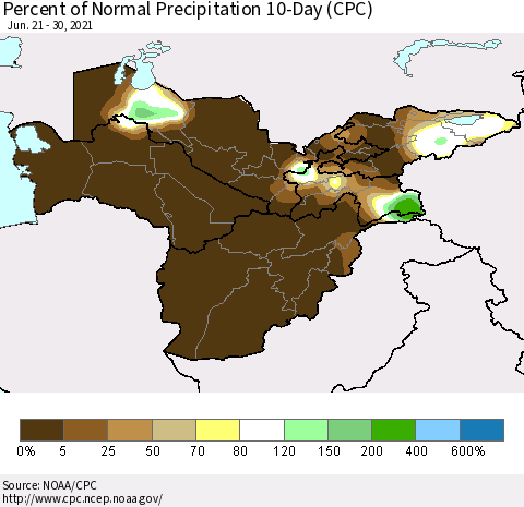 Central Asia Percent of Normal Precipitation 10-Day (CPC) Thematic Map For 6/21/2021 - 6/30/2021