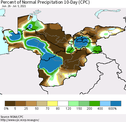 Central Asia Percent of Normal Precipitation 10-Day (CPC) Thematic Map For 6/26/2021 - 7/5/2021