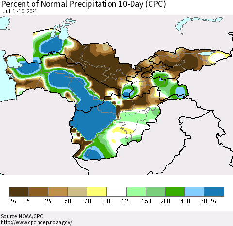 Central Asia Percent of Normal Precipitation 10-Day (CPC) Thematic Map For 7/1/2021 - 7/10/2021