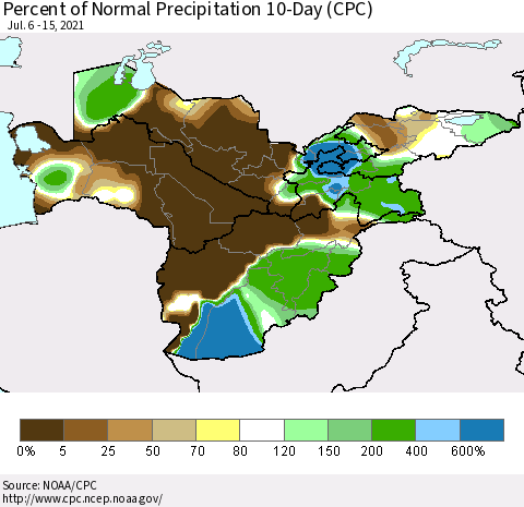 Central Asia Percent of Normal Precipitation 10-Day (CPC) Thematic Map For 7/6/2021 - 7/15/2021