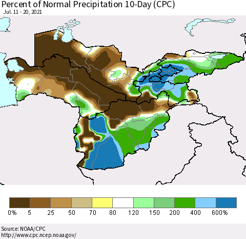 Central Asia Percent of Normal Precipitation 10-Day (CPC) Thematic Map For 7/11/2021 - 7/20/2021