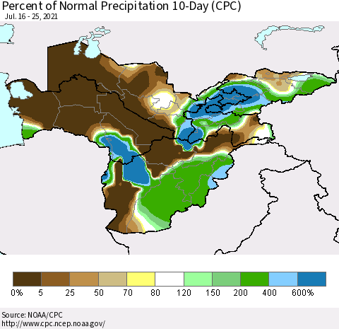 Central Asia Percent of Normal Precipitation 10-Day (CPC) Thematic Map For 7/16/2021 - 7/25/2021
