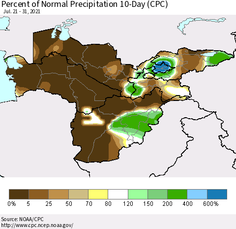 Central Asia Percent of Normal Precipitation 10-Day (CPC) Thematic Map For 7/21/2021 - 7/31/2021