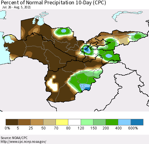 Central Asia Percent of Normal Precipitation 10-Day (CPC) Thematic Map For 7/26/2021 - 8/5/2021
