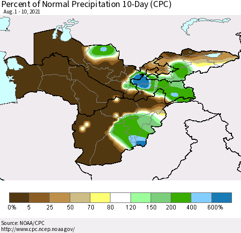 Central Asia Percent of Normal Precipitation 10-Day (CPC) Thematic Map For 8/1/2021 - 8/10/2021