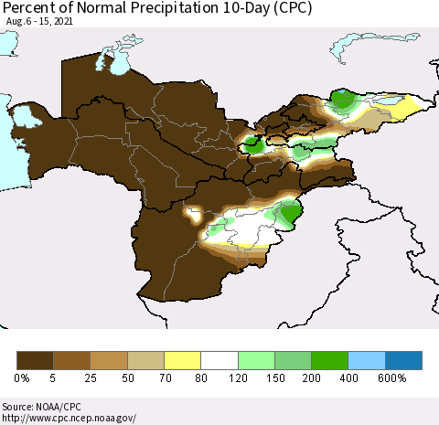 Central Asia Percent of Normal Precipitation 10-Day (CPC) Thematic Map For 8/6/2021 - 8/15/2021