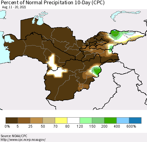 Central Asia Percent of Normal Precipitation 10-Day (CPC) Thematic Map For 8/11/2021 - 8/20/2021