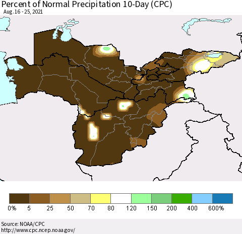 Central Asia Percent of Normal Precipitation 10-Day (CPC) Thematic Map For 8/16/2021 - 8/25/2021