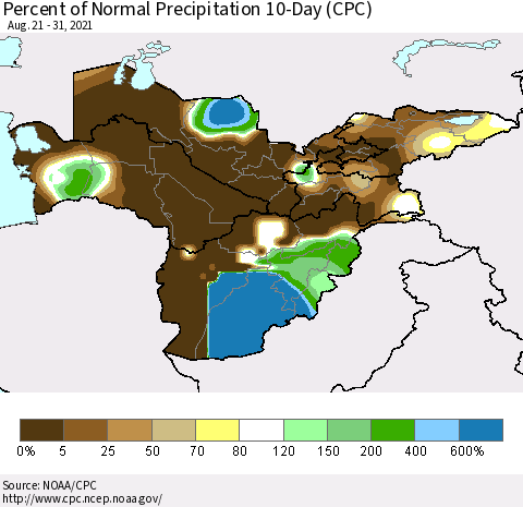Central Asia Percent of Normal Precipitation 10-Day (CPC) Thematic Map For 8/21/2021 - 8/31/2021