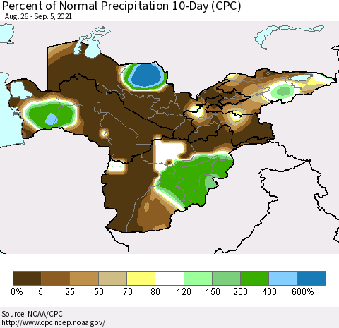Central Asia Percent of Normal Precipitation 10-Day (CPC) Thematic Map For 8/26/2021 - 9/5/2021