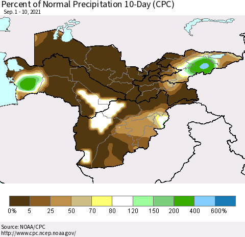 Central Asia Percent of Normal Precipitation 10-Day (CPC) Thematic Map For 9/1/2021 - 9/10/2021