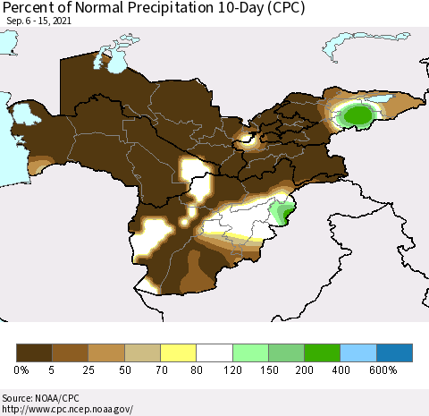 Central Asia Percent of Normal Precipitation 10-Day (CPC) Thematic Map For 9/6/2021 - 9/15/2021