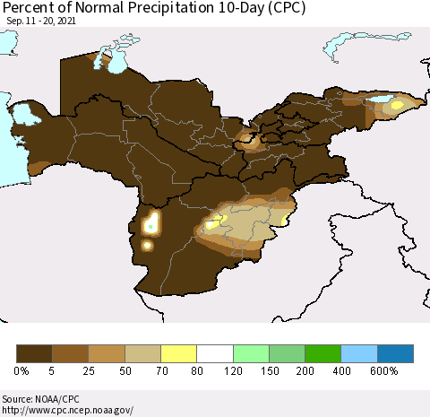 Central Asia Percent of Normal Precipitation 10-Day (CPC) Thematic Map For 9/11/2021 - 9/20/2021