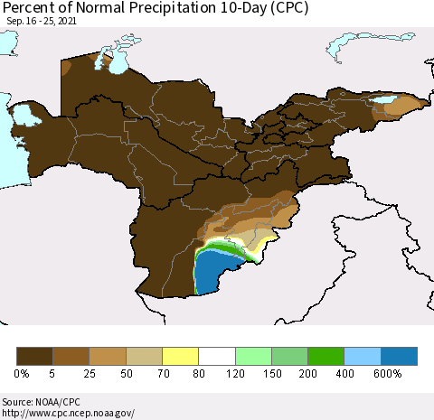 Central Asia Percent of Normal Precipitation 10-Day (CPC) Thematic Map For 9/16/2021 - 9/25/2021